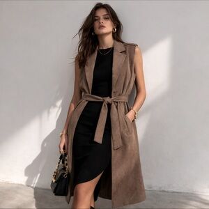 Zara Women's Faux Suede Long Vest Tan Sleeveless Trench Coat size XS